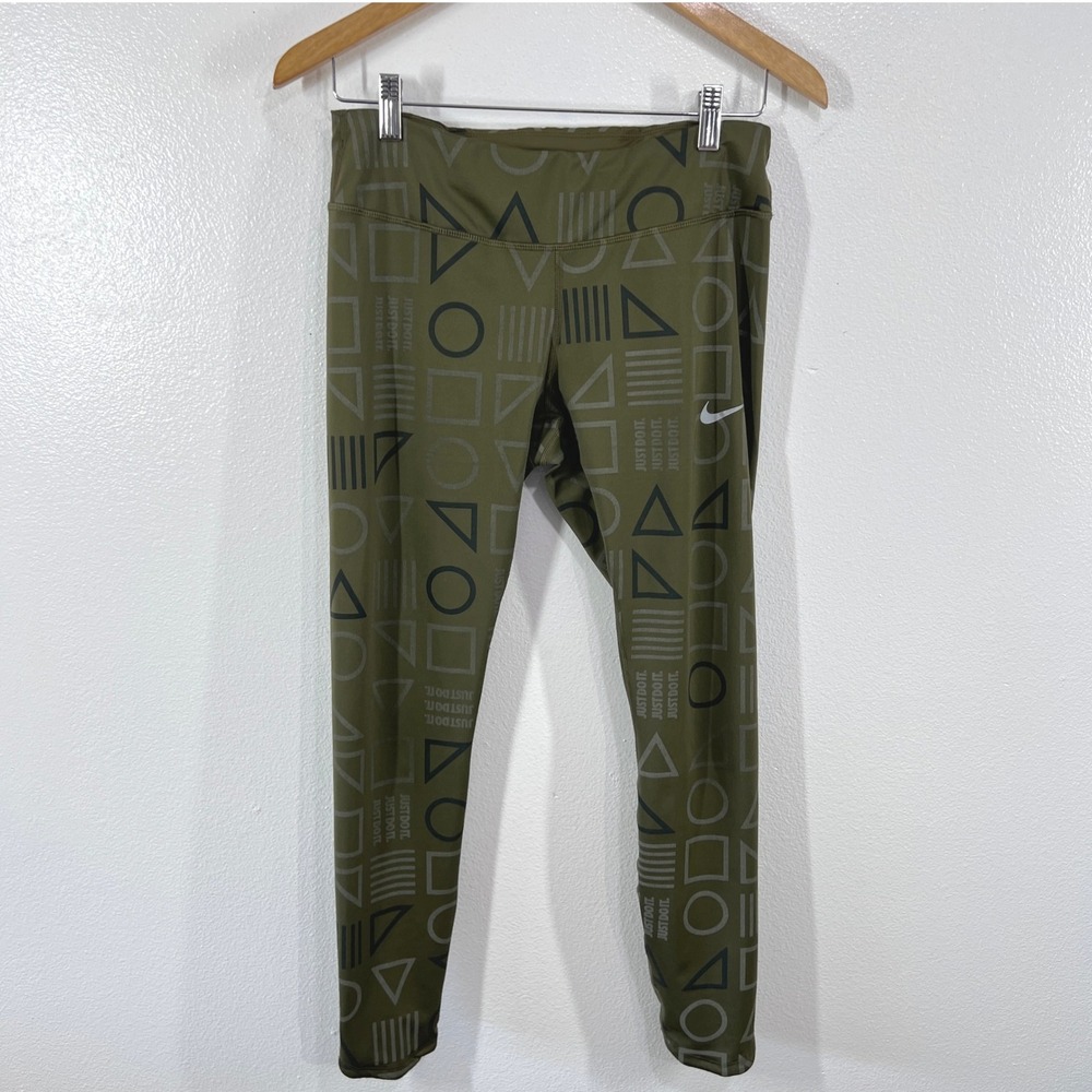 Nike Dri-Fit Olive Geometric Print Leggings Women's Medium High Rise Activewear - Picture 2 of 8